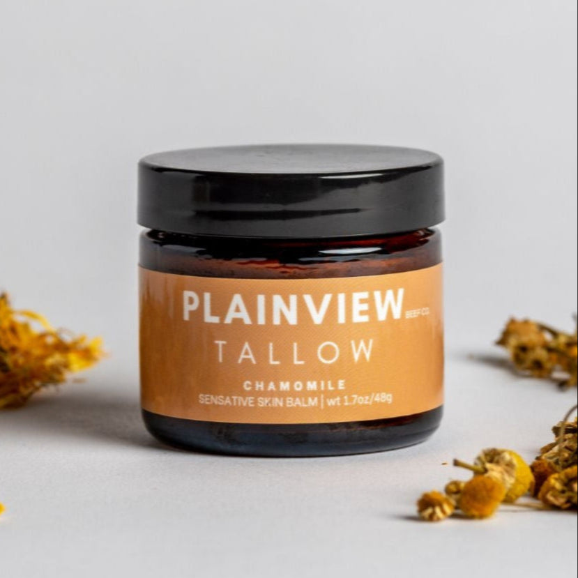 Jar of chamomile tallow balm – natural baby-safe and pregnancy-safe skincare.