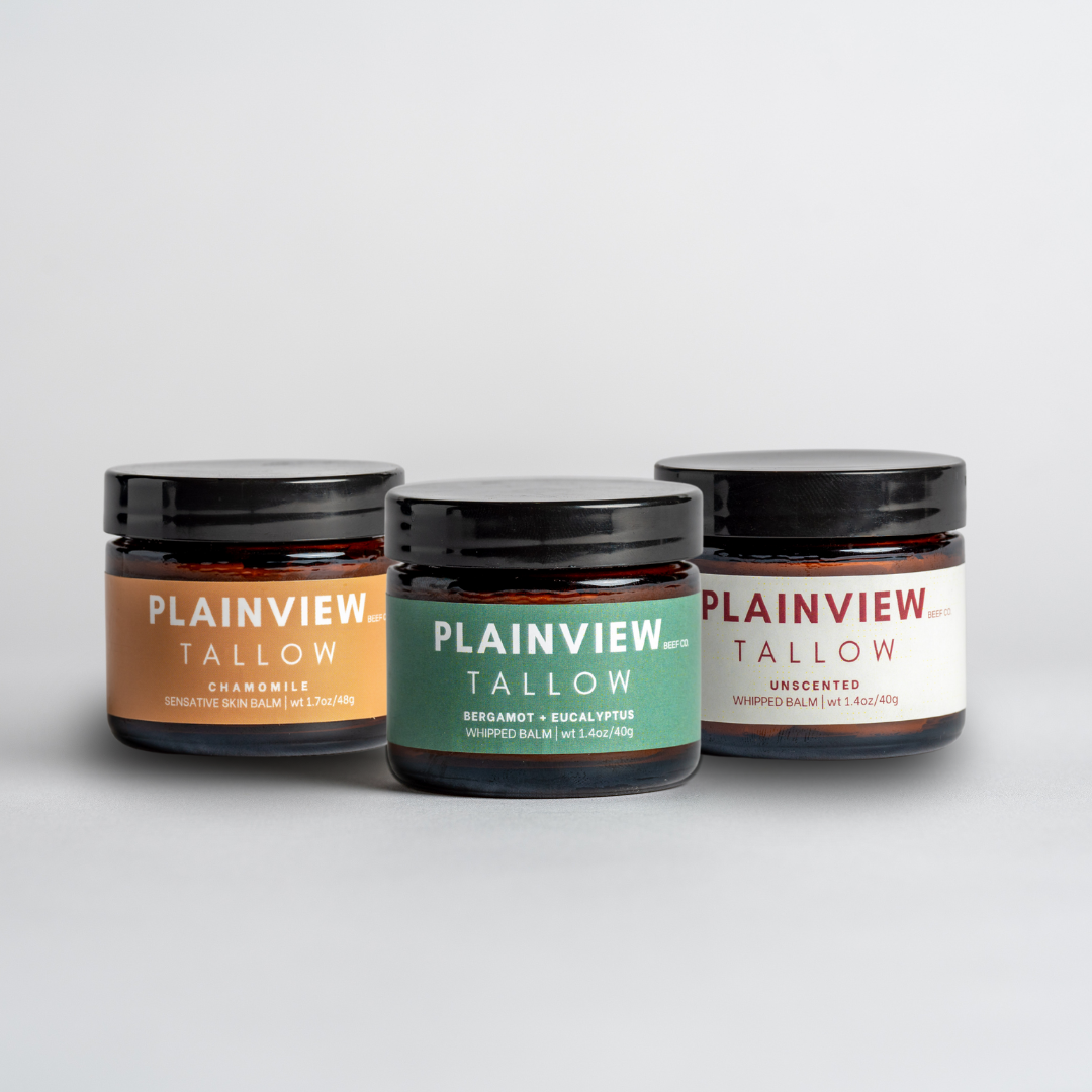Set of three natural tallow balms – organic regenerative skincare with chamomile, unscented, and eucalyptus balms.