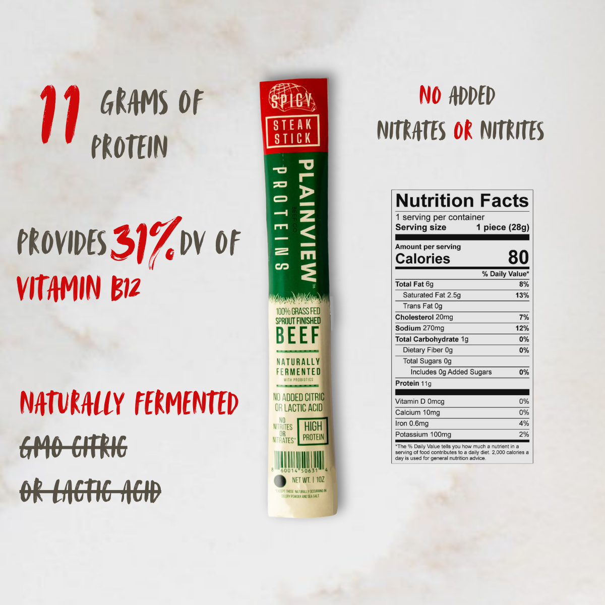 Plainview Protein Stick with nutrition facts on a light background