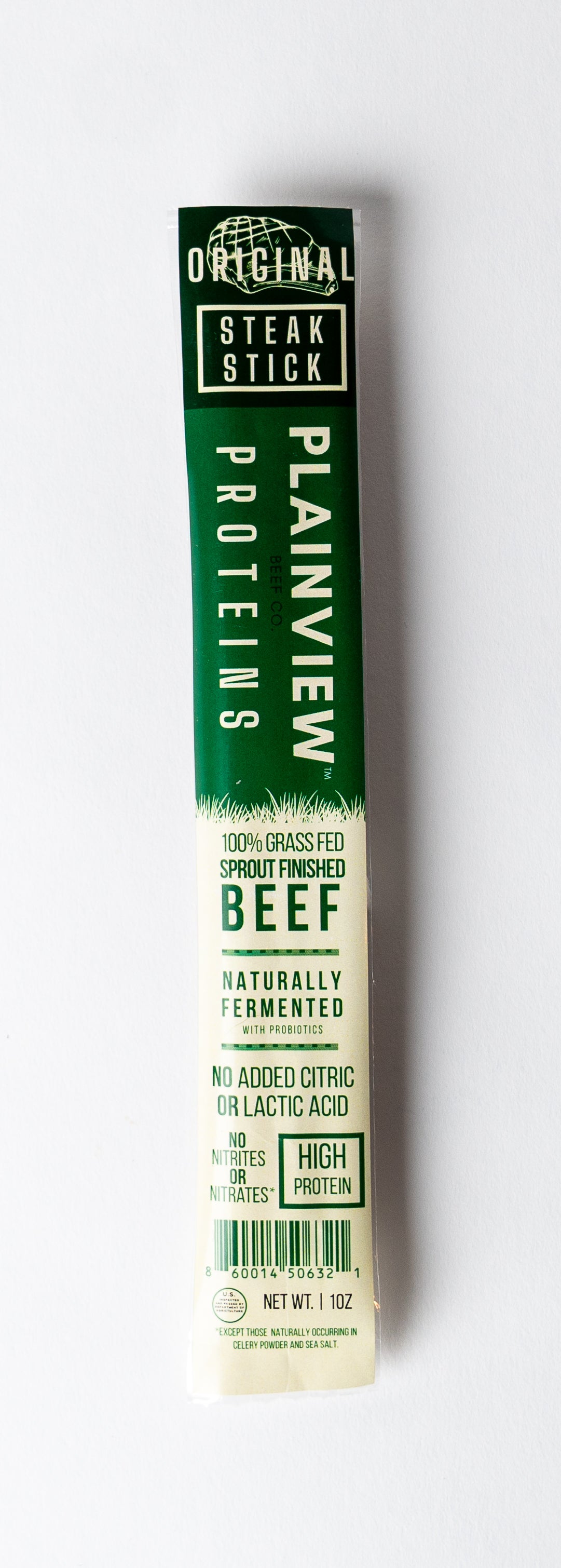 Packed organic naturally fermented beef steak sticks – clean high-protein snack, original flavor.
