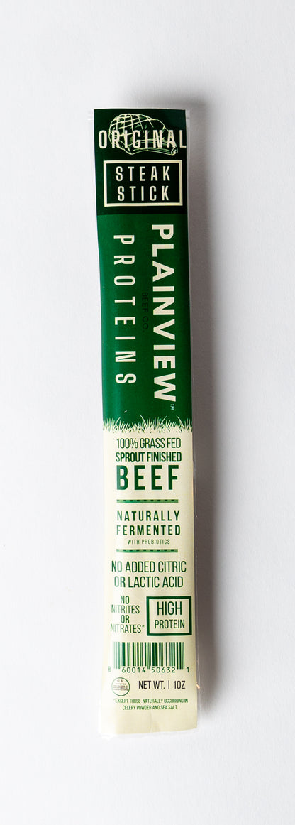 Packed organic naturally fermented beef steak sticks – clean high-protein snack, original flavor.