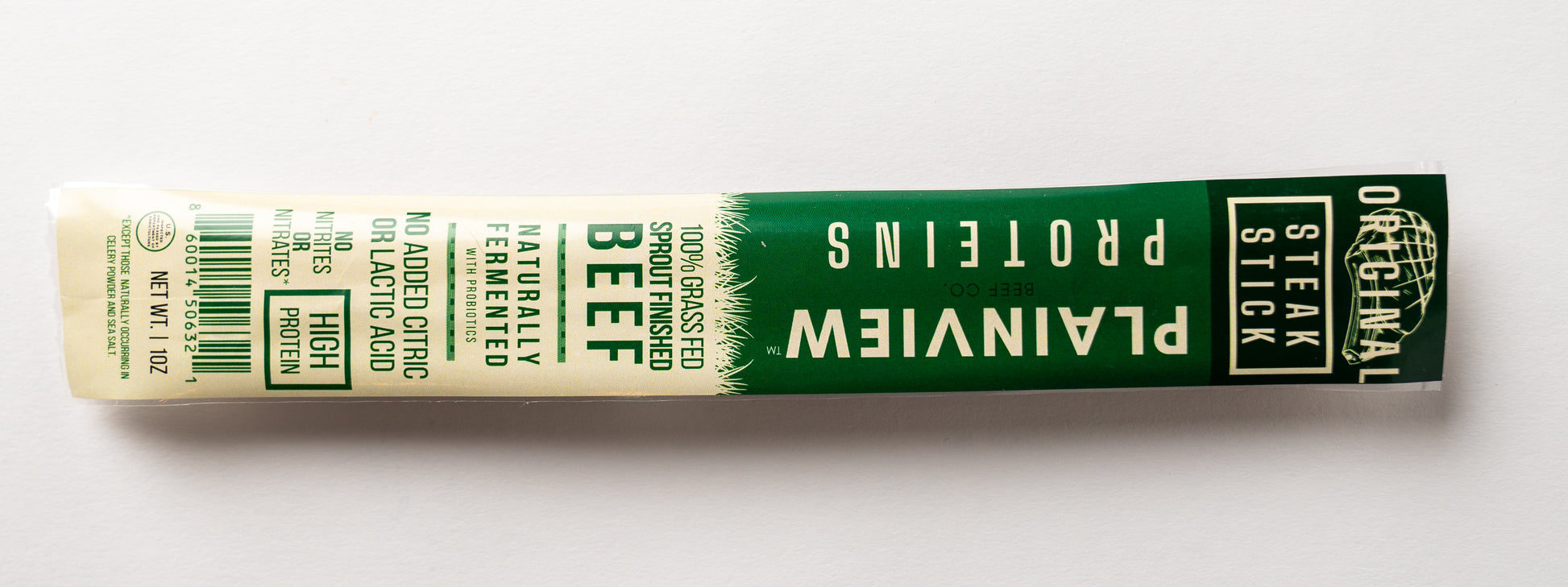 Packed organic naturally fermented beef steak sticks – clean high-protein snack, original flavor.