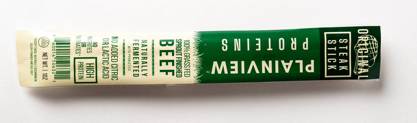 Packed organic naturally fermented beef steak sticks – clean high-protein snack, original flavor.