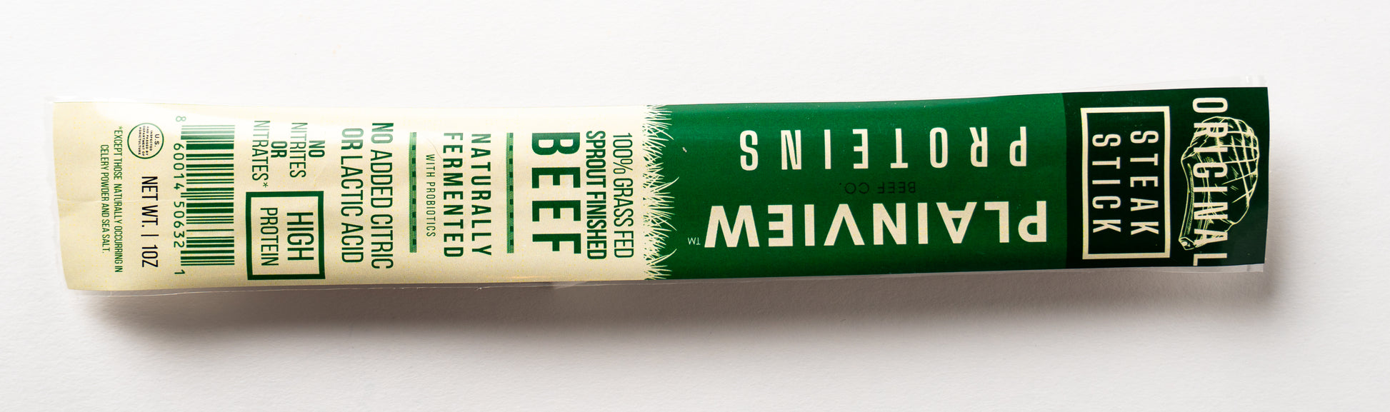 Packed organic naturally fermented beef steak sticks – clean high-protein snack, original flavor.