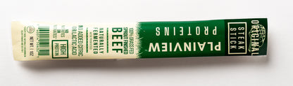 Packed organic naturally fermented beef steak sticks – clean high-protein snack, original flavor.