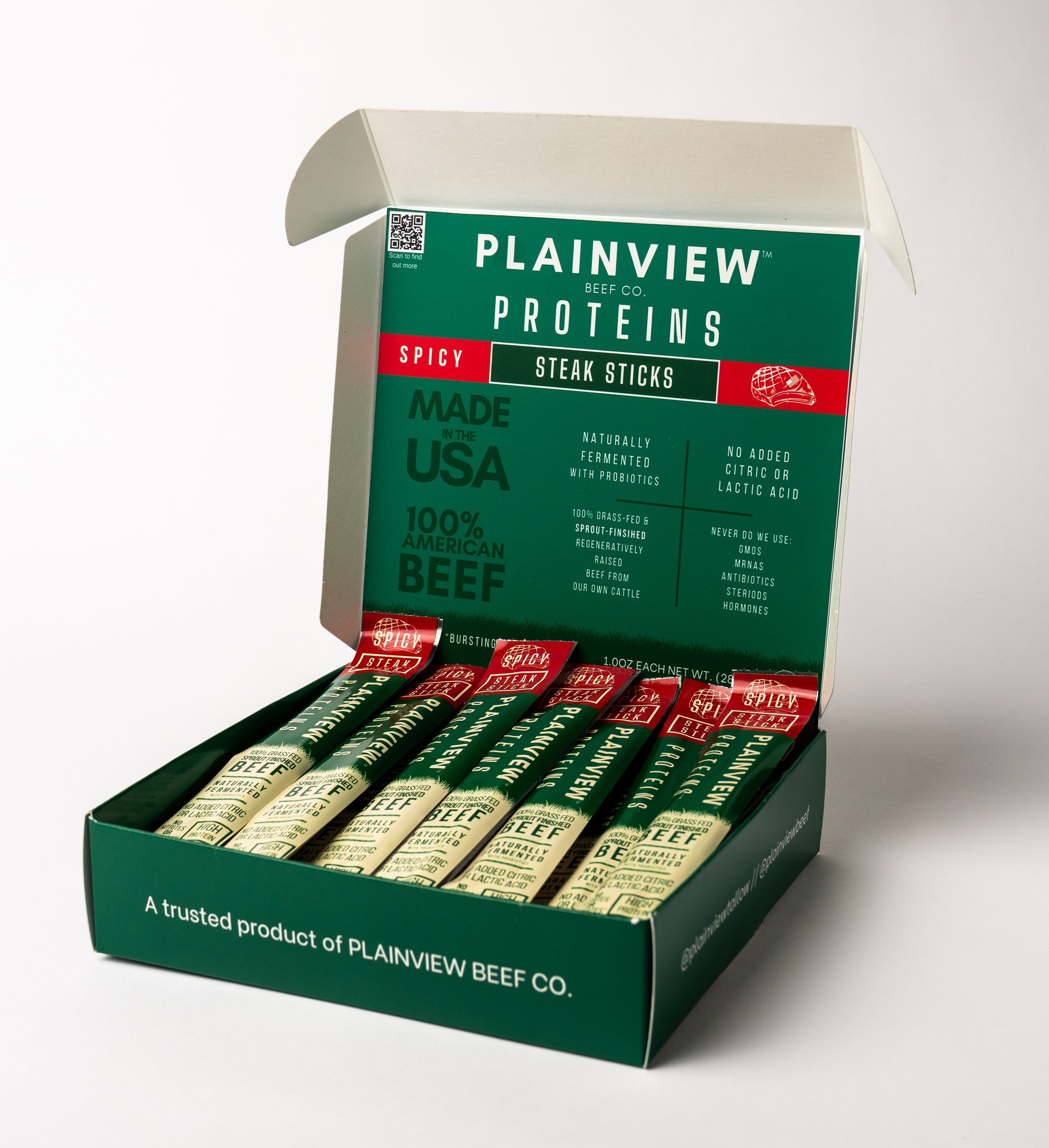 Box of Plainview Proteins Steak Sticks, spicy flavor