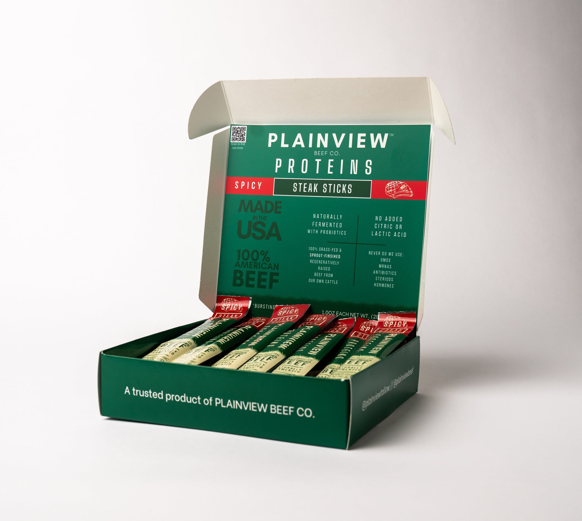 Box of Plainview Proteins Steak Sticks, spicy flavor