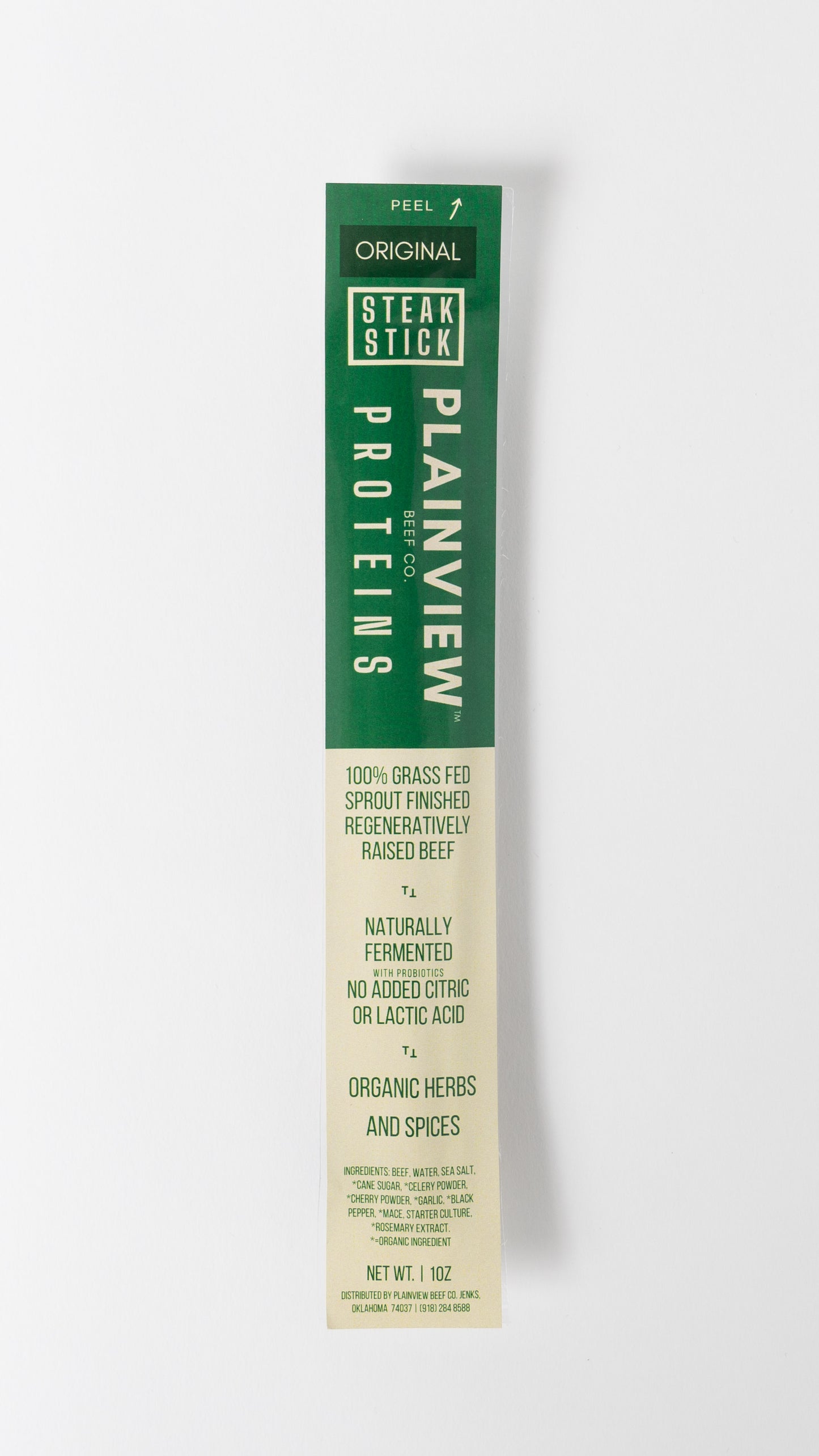 Packed organic naturally fermented beef steak sticks – clean high-protein snack, original flavor.