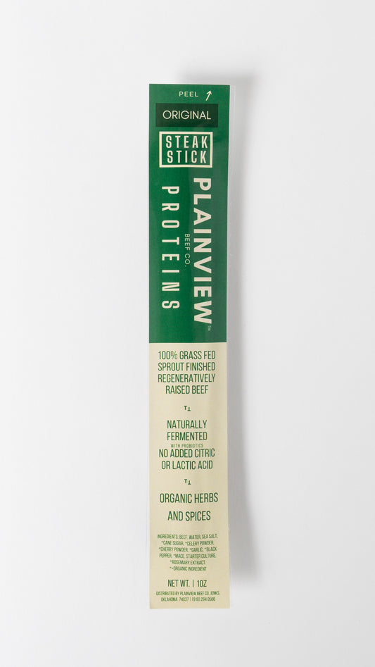 Packed organic naturally fermented beef steak sticks – clean high-protein snack, original flavor.