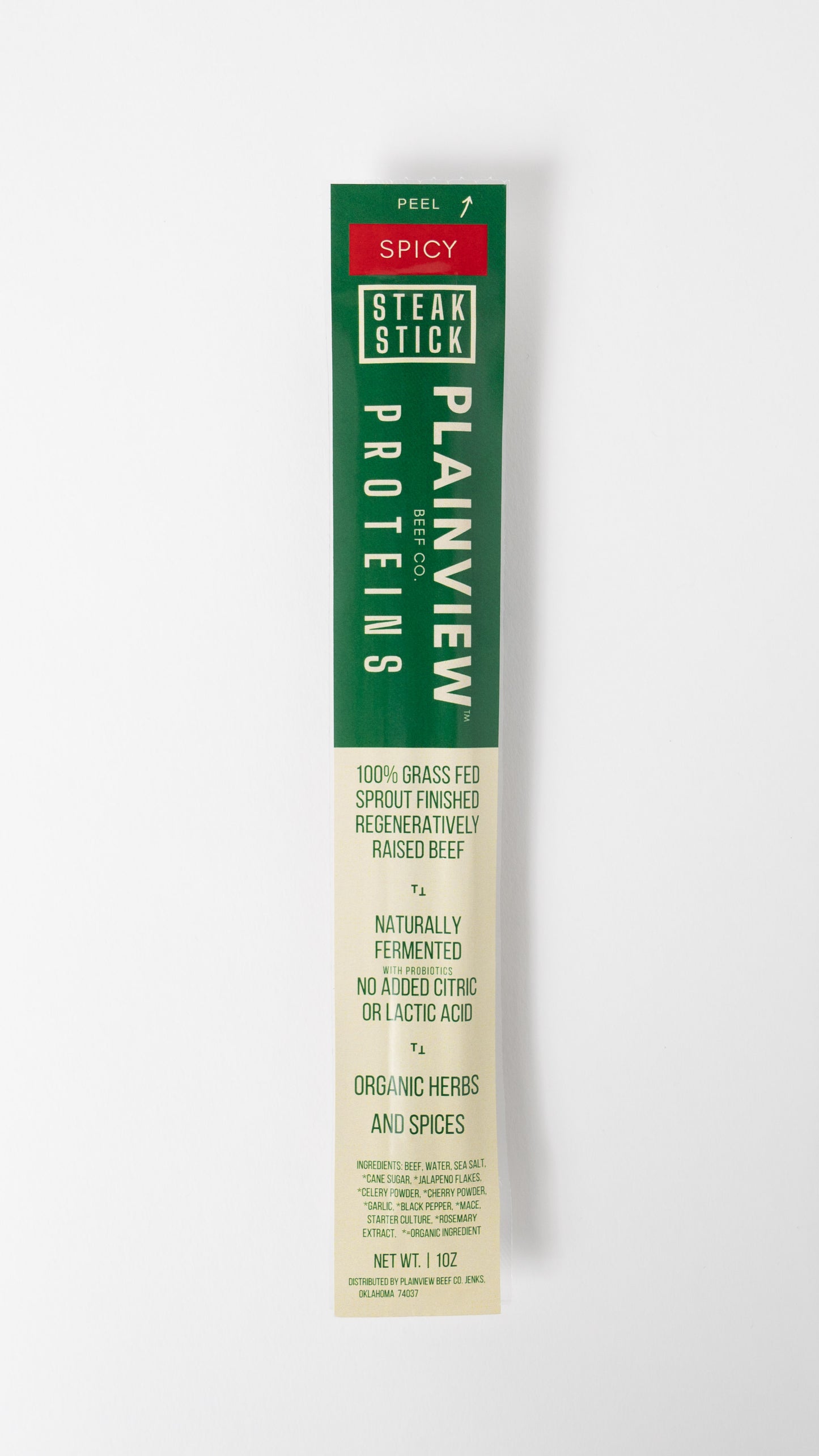 Packed organic naturally fermented beef steak sticks – clean high-protein snack, spicy flavor.